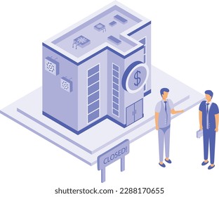 Closed Pawn Shop isometric concept, Persons standing outside of Bank vector icon design, Business Center Open symbol,  Financial Partnership sign, Commercial Deal stock illustration 