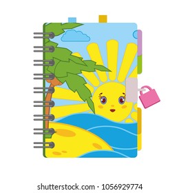 Closed personal diary with a lock and a bright picture on the cover. Simple flat vector illustration isolated on white background.