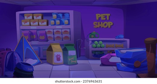 Closed pet shop interior at night. Cartoon vector dark zoo store with care products and accessories for domestic animals. Racks with cat and dog food, houses and toys, counter with cash register.