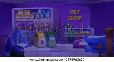 Closed pet shop interior at night. Cartoon vector dark zoo store with care products and accessories for domestic animals. Racks with cat and dog food, houses and toys, counter with cash register.