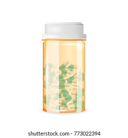 Closed pill bottle of capsule-shaped tablets. Realistic vector illustration. Tablets in a medicine, prescription,drug bottle isolated on the white background.