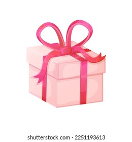 Closed pink box with red ribbon bow. Valentine day, Christmas, Happy birthday concept. Illustration isolated on white background in realistic cartoon style.