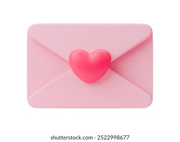 Closed pink envelope with heart. Realistic vector illustration of receiving or sending a love letter. Heart postcard in an envelope isolated on a white background. Valentines day concept