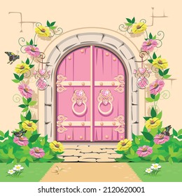 Closed pink gates to fairy land. Vector illustration of fairy tale architecture.