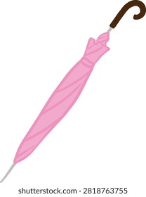A closed pink umbrella with a curved brown handle is shown diagonally against a plain white background. This is a simple vector illustration or clipart.