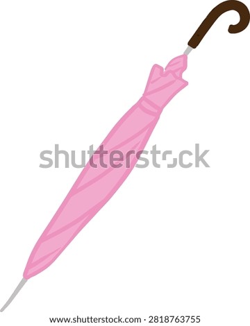 A closed pink umbrella with a curved brown handle is shown diagonally against a plain white background. This is a simple vector illustration or clipart.