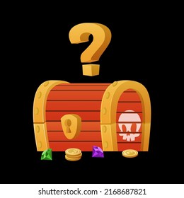 Closed Pirate Treasure Chest on the Seabed with a Question Mark on Top. Lettering inscription. Open Crate and Scattered Gem Coins. Children s illustration. Illustration for game user interface