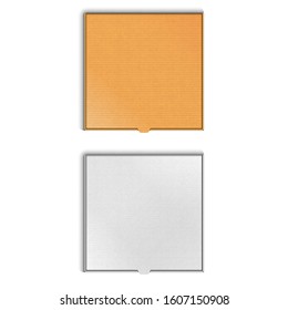 Closed pizza packaging blank mockup realistic cardboard two boxes of white and brown color isolated on a white background with a striped cardboard texture, vector illustration.