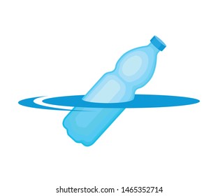 Closed plastic bottle floats in water. Vector illustration on white background.