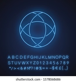 Closed polygonal curve neon light icon. Geometric figure. Circle crossed with curves. Abstract shape. Isometric form. Glowing sign with alphabet, numbers and symbols. Vector isolated illustration