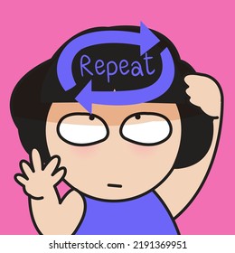 Closed Up Portrait Of A Depressed Girl With Repeated Flat Icon Sign Symbol Of Thinking On Her Head Concept Card Character illustration
