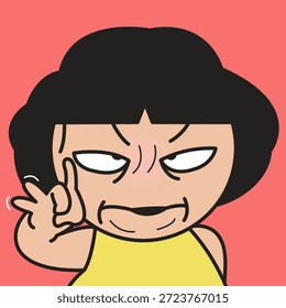 Retrato cerrado de una mujer joven gruñona que mueve sus dedos en la ilustración del carácter de la historieta del concepto de alguien