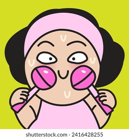 Closed Up Portratit Woman Using Facial Ice Globe Sticks To Massage And Treat Her Tired Skin. Self Care And Beauty Concept Card Character illustration