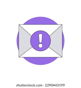Closed postal envelope with an exclamation mark on round purple seal. Exclamation mark as an important message symbol. Post object isolated. Significant messages concept. New unread email notification