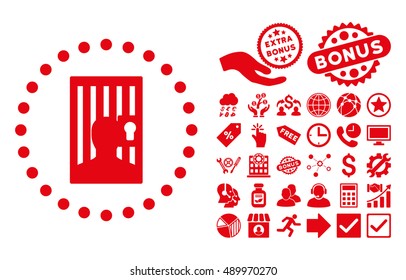 Closed Prisoner icon with bonus design elements. Vector illustration style is flat iconic symbols, red color, white background.