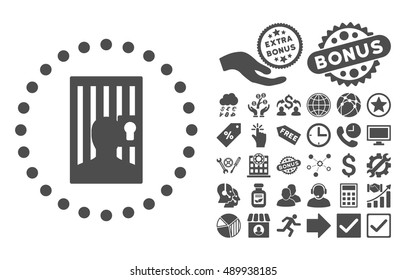 Closed Prisoner pictograph with bonus images. Vector illustration style is flat iconic symbols, gray color, white background.