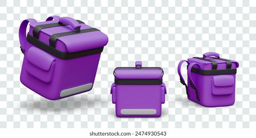 Closed purple delivery bag in different positions. Thermo box for dishes to order