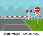 Closed railroad barriers at a rural railway crossing. Stop and wait for the train to cross, don't try to race across the track before the train approaches. Flat vector illustration template.