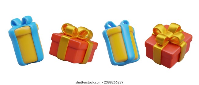 Closed realistic gift boxes tied with ribbons and bows. Set of isolated vector Christmas illustrations. Pleasant surprise, bonus. Holiday color symbol