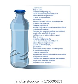 Closed realistic glass water bottle doodle design iasolated on white background. Place for own text. Shiny blue empty beverage or water container.