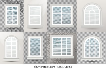 Closed Realistic Glass Windows Set with Shadows. Vector Illustration. Design Element of Architecture. Window Frames.