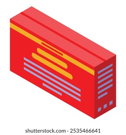 Closed red cardboard box for packing products in isometric view