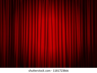 Closed red curtain background and spotlight. Theatrical drapes. Vector illustration.