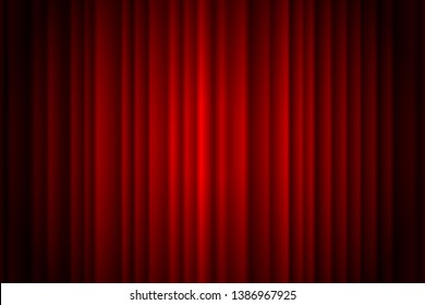 Closed red curtain stage background spotlight beam illuminated. Theatrical drapes. Vector illustration EPS 10