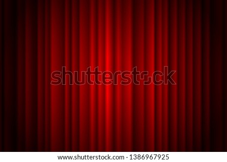 Closed red curtain stage background spotlight beam illuminated. Theatrical drapes. Vector illustration EPS 10