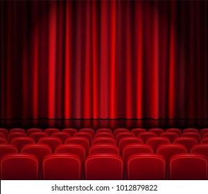 Closed Red Curtains with Seats in a theater or ceremony. Realistic Theater hall, Opera or Cinema Scene for your design. Movie premiere poster. Vector Illustration.