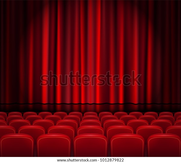 劇場や式典で 赤いカーテンを閉じ 座席を持つ デザインに合ったリアルな劇場ホール オペラ シネマシーン 映画プレミアポスター ベクターイラスト のベクター画像素材 ロイヤリティフリー
