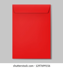 Closed Red Empty Envelope for Letters and Documents. Mockup Post Blank Envelope on Soft Gray Background