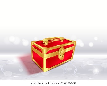 Closed red gift box.3d composition on textured glowing silver background,blur and bokeh background, sparkling effect.Vector background for holidays and party