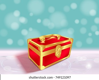 Closed red gift box.3d composition on textured glowing silver and blue background,blur and bokeh background, sparkling effect.Vector background for holidays and party.