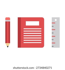 Closed red notebook with pencil and ruler for student notes and educational planning icon.