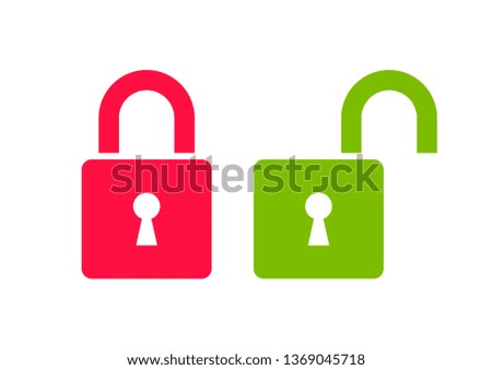 Closed red padlock and open green icon on white background