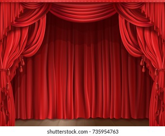 Closed red stage curtain realistic vector illustration. Grand opening concept, performance or event premiere poster, announcement banner template with theater stage