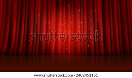 Closed red theater or cinema curtain on stage with circle spotlight and flying flare sparkles. Realistic vector background of broadway show or movie ceremony fabric waved drapery on scene with light.