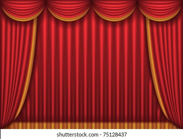 Closed red theater curtain, background, vector illustration