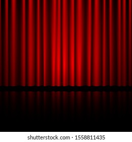 Closed red theater curtain with reflection in bottom. Background for banner or poster. Vector illustration