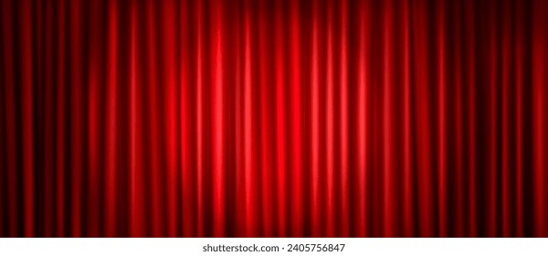 Closed red theater stage curtain with round spotlight. Realistic vector background of opera show or movie ceremony drapery on scene. Cinema or announcement concept with waved fabric with light.