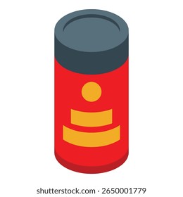 Closed red tin can with simple yellow label and grey lid, containing preserved food
