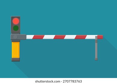 Ein geschlossenes rot-weiß gestreiftes Absperrtor mit der roten Ampel beleuchtet. Konzept für Stopp, Einschränkung oder keinen Zugriff. Blauer Hintergrund. (flaches Design)