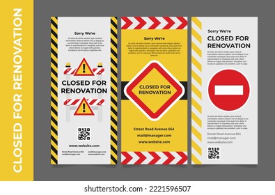 Closed for renovation attention poster set vector illustration. Repair restoration warning message placard exclamation road sign. Temporary closing notification information forbidden industrial zone - Shutterstock ID 2221596507