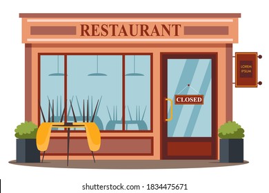 Closed restaurant front view background. Economy fail due to covid epidemic vector illustration. Empty restaurant or cafe, outside scene at window and door with closed sign hanging.