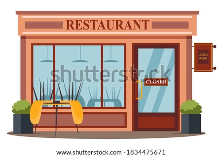Closed restaurant front view background. Economy fail due to covid epidemic vector illustration. Empty restaurant or cafe, outside scene at window and door with closed sign hanging.
