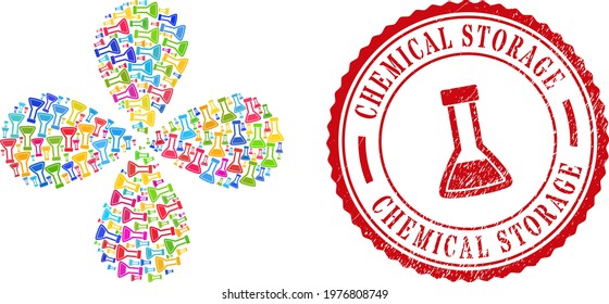 Closed retort colored twirl bang, and red round CHEMICAL STORAGE unclean stamp imitation. Closed retort symbol inside round stamp imitation. Object twist composed from scattered closed retort symbols.