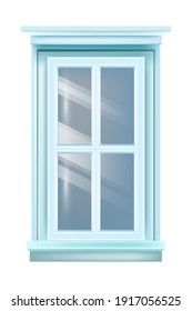 Closed retro house blue window exterior vintage view with sill, isolated on white background. Architecture exterior design object, decorated facade glass element. Retro window realistic illustration