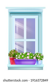 Closed retro house window exterior vintage view with flowerpots, home plants, sill, isolated blossom roses. Architecture design decorated facade element with glass. Retro window realistic illustration