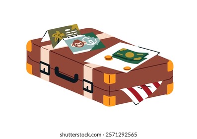 Closed retro leather suitcase for travel. Briefcase for luggage, baggage. Packed bag for journey, vacation trip, summer tour. Tourism concept. Flat isolated vector illustration on white background